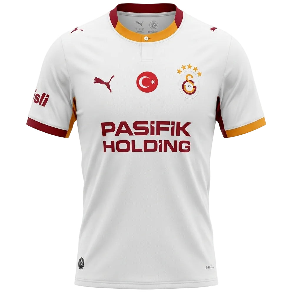 White Galatasaray soccer jersey with red and gold accents, featuring the Puma logo, Galatasaray club crest, and Pasifik Holding sponsor on the front.