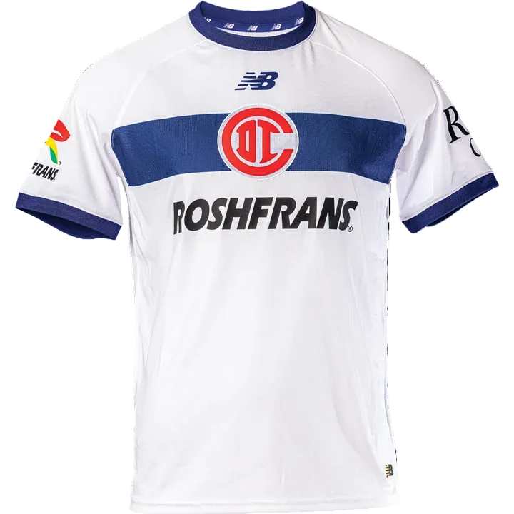 A white short-sleeve sports jersey with a navy blue chest band, featuring the New Balance logo, the red and white DFC crest, and the black RoshFran sponsor text.