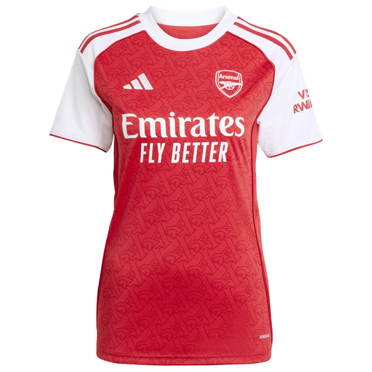 Red and white sports jersey with Emirates and Adidas logos on a white background