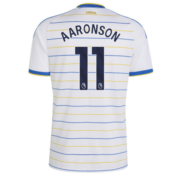 White Leusis football jersey with blue and yellow horizontal stripes, featuring 'AARONSON' and the number '11' on the back.
