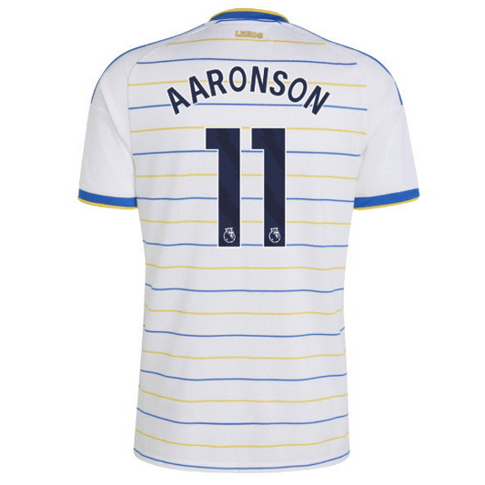 White Leusis football jersey with blue and yellow horizontal stripes, featuring 'AARONSON' and the number '11' on the back.