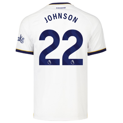 White everton home jersey shown from the back, featuring the player name JOHNSON and the number 22 in navy blue