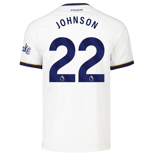 White everton home jersey shown from the back, featuring the player name JOHNSON and the number 22 in navy blue