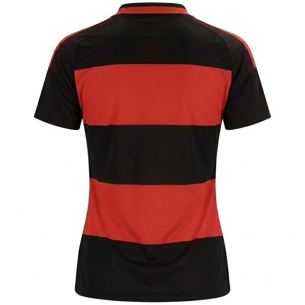 A short-sleeve athletic jersey shown from the back, featuring bold horizontal stripes in black and red, with a solid black collar and shoulder yokes.