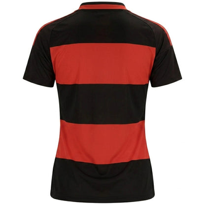 A short-sleeve athletic jersey shown from the back, featuring bold horizontal stripes in black and red, with a solid black collar and shoulder yokes.