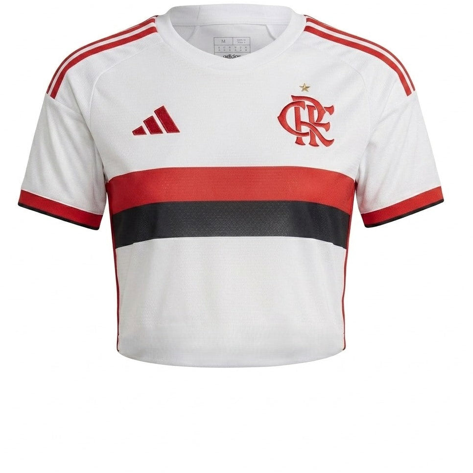 White short-sleeve Flamengo soccer jersey with red shoulder stripes, a red chest logo, a black horizontal band across the chest, and an Adidas logo on the right side.