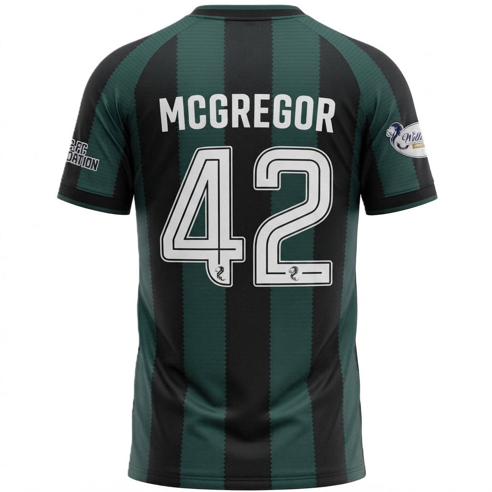 Back view of a short-sleeve sports jersey with dark green and black vertical stripes, featuring the name 'MCGREGOR' and number '42' in white on the back.