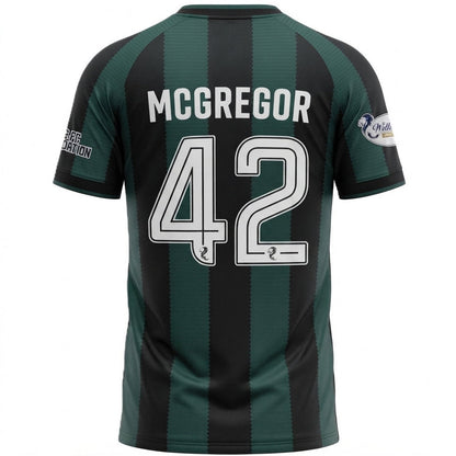 Back view of a short-sleeve sports jersey with dark green and black vertical stripes, featuring the name 'MCGREGOR' and number '42' in white on the back.