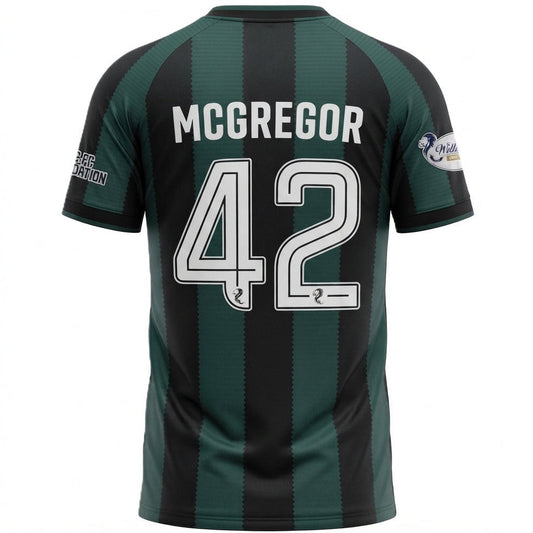 Back view of a short-sleeve sports jersey with dark green and black vertical stripes, featuring the name 'MCGREGOR' and number '42' in white on the back.