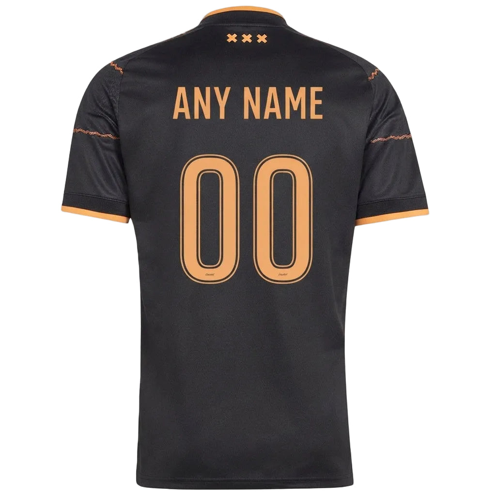 Customizable black soccer jersey shown from the back, featuring orange trim on the collar and sleeve cuffs, with 'ANY NAME' and '00' printed in orange on the back.