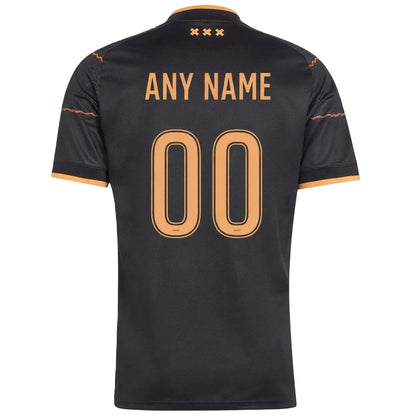 Customizable black soccer jersey shown from the back, featuring orange trim on the collar and sleeve cuffs, with 'ANY NAME' and '00' printed in orange on the back.