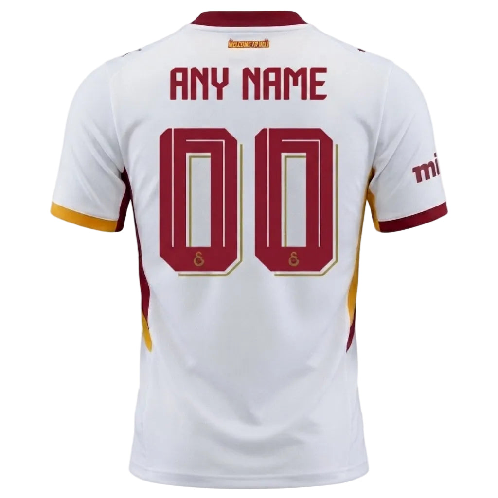 White Rome football jersey shown from the back, featuring customizable red text reading 'ANY NAME' and large red number '00' with gold outlines, plus red and gold sleeve and side accents.