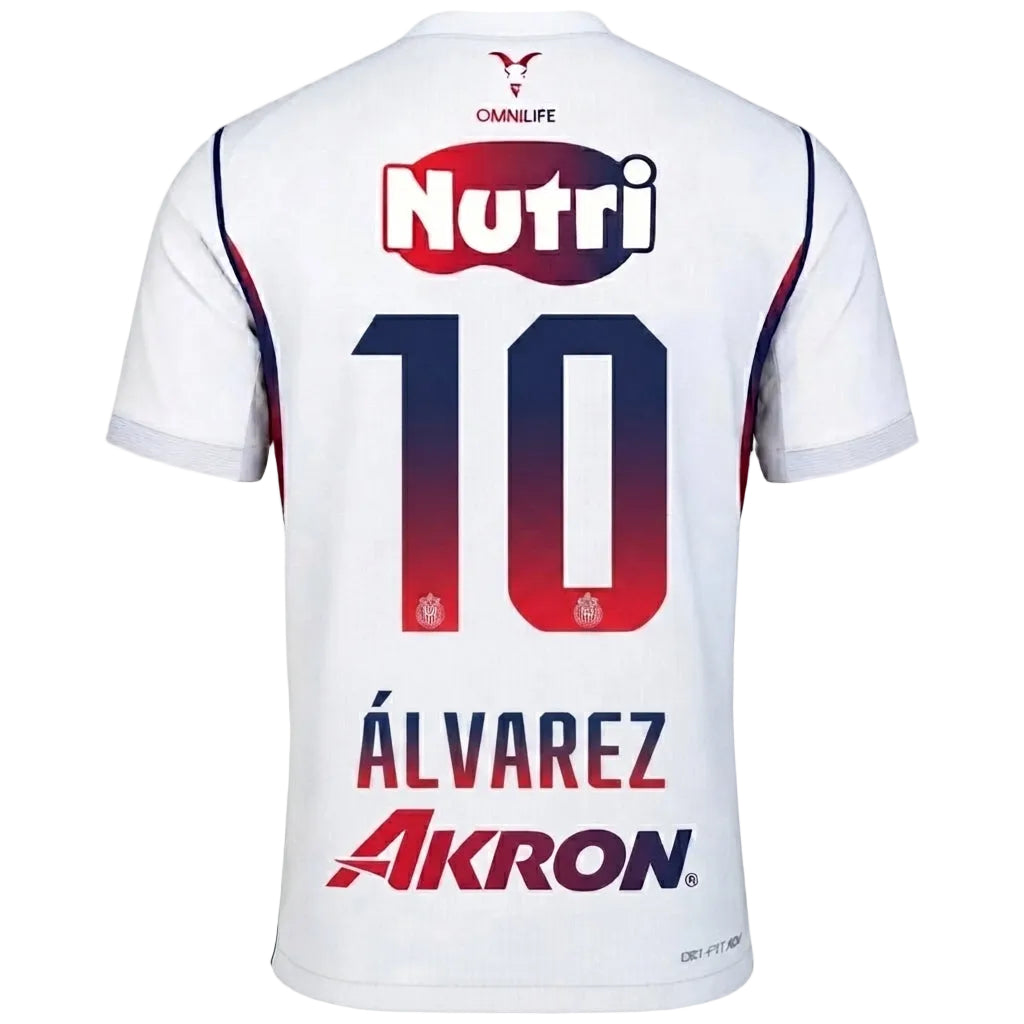 White short-sleeve sports jersey shown from the back, featuring the number 10 in a red-to-blue gradient, with 'Nutri' and 'Camilife' at the top and 'Álvarez Akron' at the bottom.