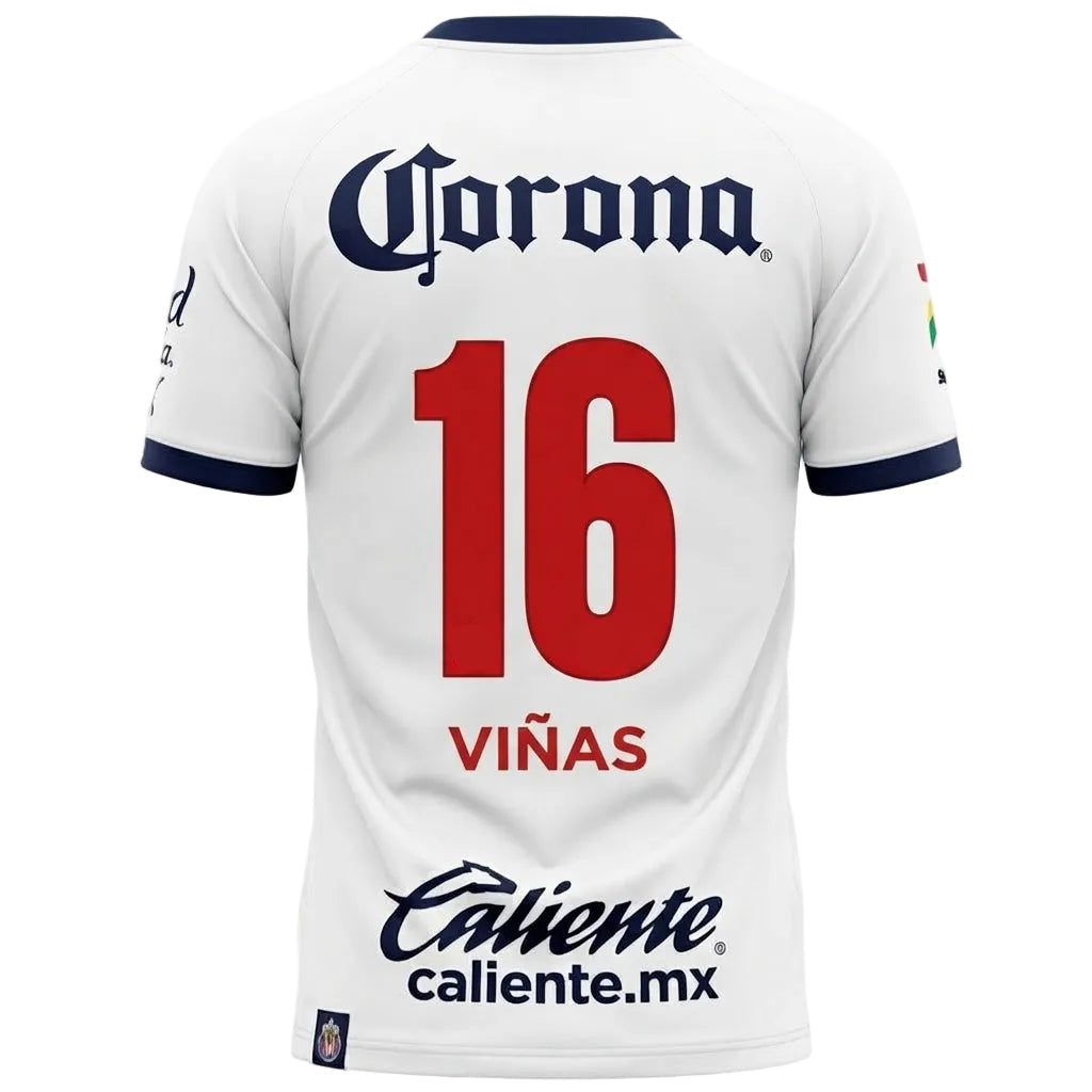 White soccer jersey shown from the back with navy blue collar and sleeve trim, a large red number 16, the name VIÑAS in red, and visible Corona and Caliente sponsor logos.