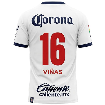 White soccer jersey shown from the back with navy blue collar and sleeve trim, a large red number 16, the name VIÑAS in red, and visible Corona and Caliente sponsor logos.