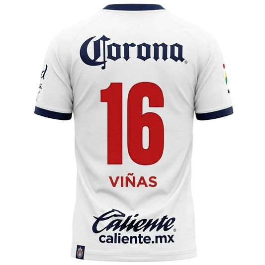 White soccer jersey shown from the back with navy blue collar and sleeve trim, a large red number 16, the name VIÑAS in red, and visible Corona and Caliente sponsor logos.