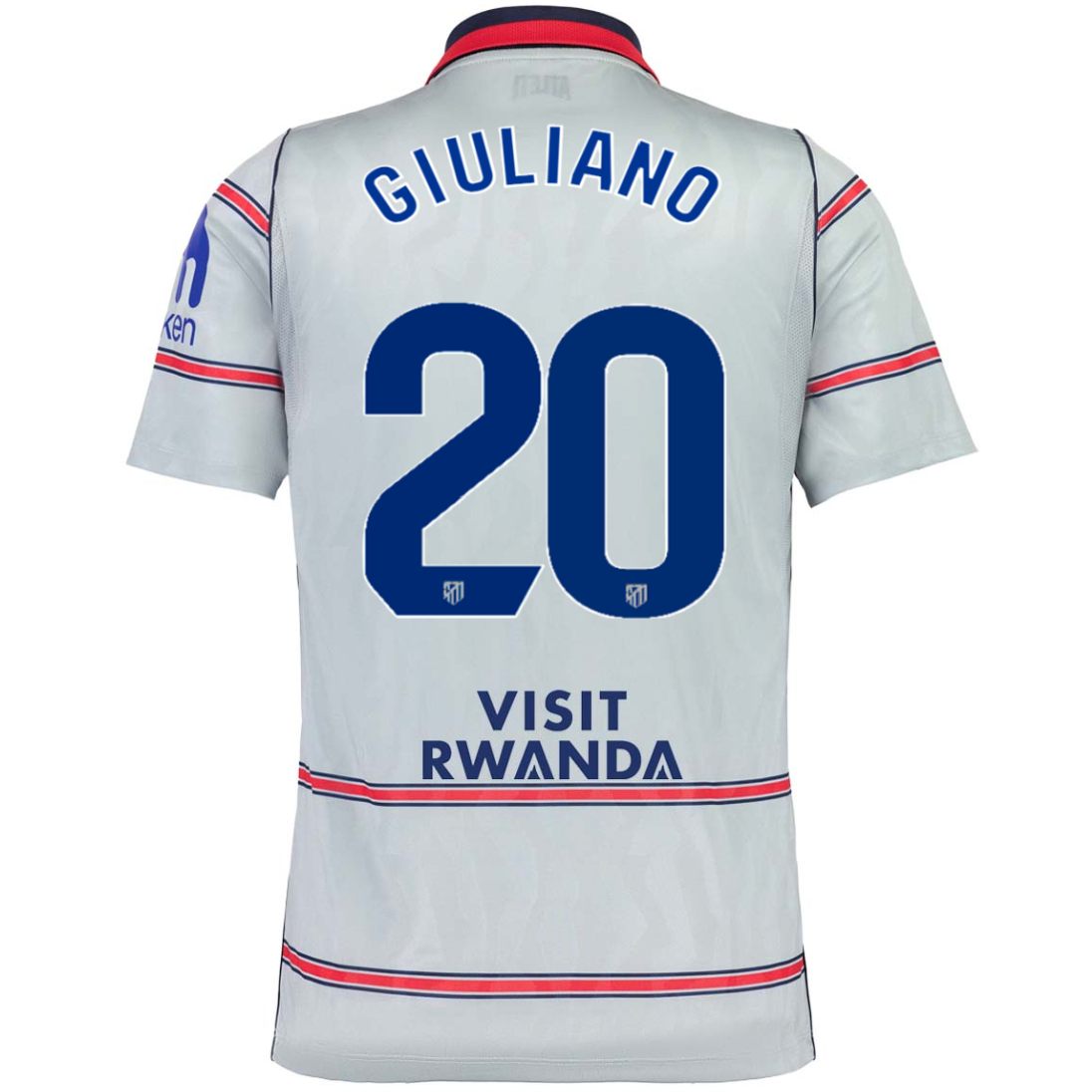 Back view of a light gray soccer jersey with blue and red trim, featuring the name GIULIANO and number 20 on the back, with 'VISIT RWANDA' printed below.