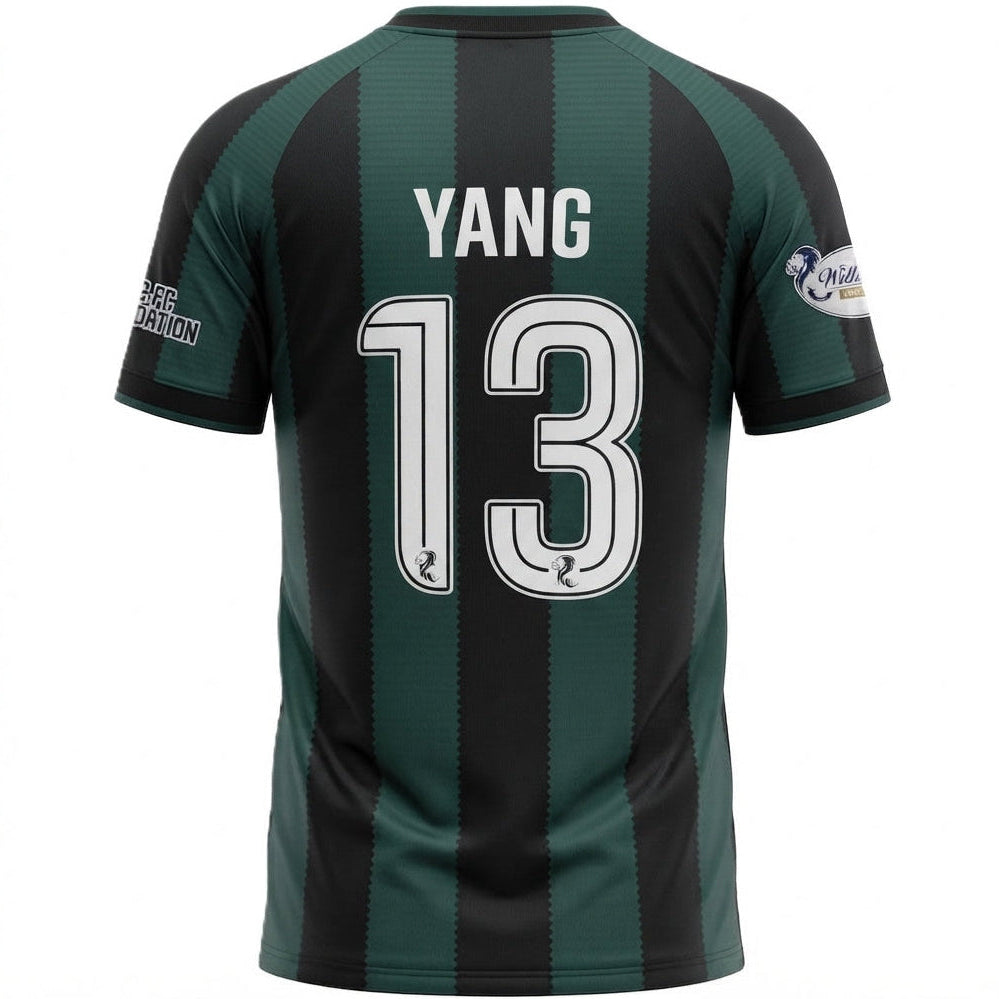 Back view of a short-sleeve soccer jersey with dark green and black vertical stripes, featuring the name YANG and number 13 in white on the back.