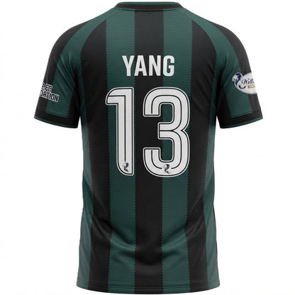 Back view of a short-sleeve soccer jersey with dark green and black vertical stripes, featuring the name YANG and number 13 in white on the back.