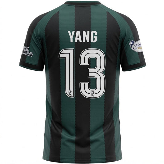 Back view of a short-sleeve soccer jersey with dark green and black vertical stripes, featuring the name YANG and number 13 in white on the back.