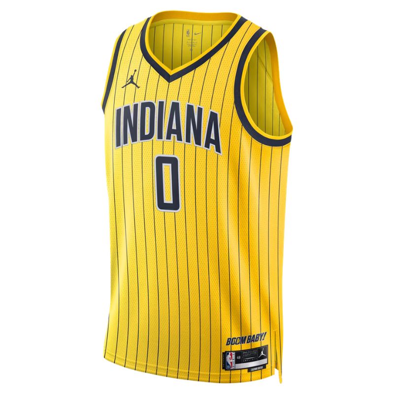 Indiana Pacers Gold Statement Edition Jersey Tyrese Haliburton #0 front