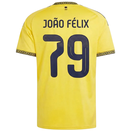 Yellow Portugal national football team jersey shown from the back, featuring the name 'JOÃO FÉLIX' and number '79' in navy blue, with gold patterned trim on the collar and sleeve cuffs.
