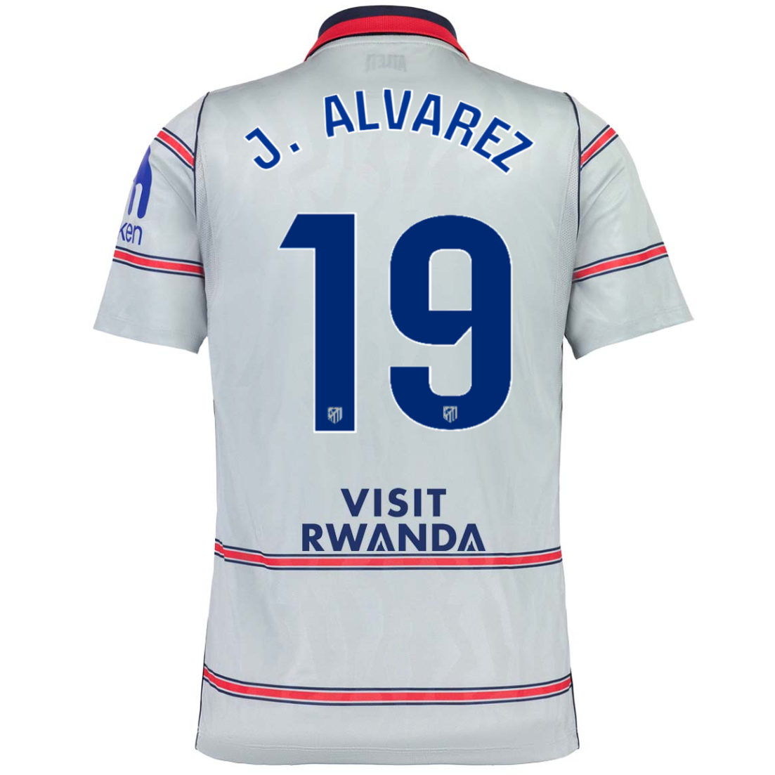 Back view of a white soccer jersey with 'J. ALVAREZ' and the number '19' in blue on the back, featuring red and blue stripes on the sleeves and hem, and 'VISIT RWANDA' printed below.