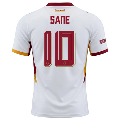 Back view of a white AS Roma soccer jersey with 'SANE' and the number '10' printed in maroon and gold, featuring the club's crest and a visible Mizzit brand logo on the sleeve.