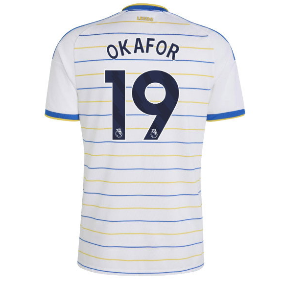 White Leeds United football jersey with blue and yellow horizontal stripes, featuring 'OKAFOR' and the number '19' printed on the back.