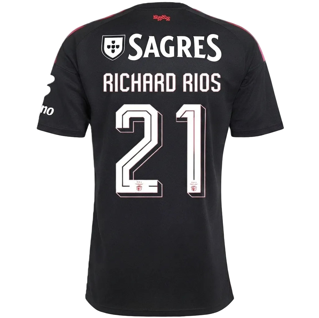 Black Sporting Portugal football jersey shown from the back, featuring 'SAGRES' and 'RICHARD RIOS' in white text with the number '21' in white and red.
