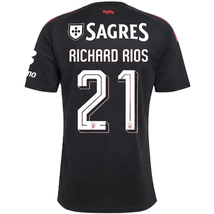 Black Sporting Portugal football jersey shown from the back, featuring 'SAGRES' and 'RICHARD RIOS' in white text with the number '21' in white and red.