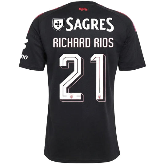 Black Sporting Portugal football jersey shown from the back, featuring 'SAGRES' and 'RICHARD RIOS' in white text with the number '21' in white and red.