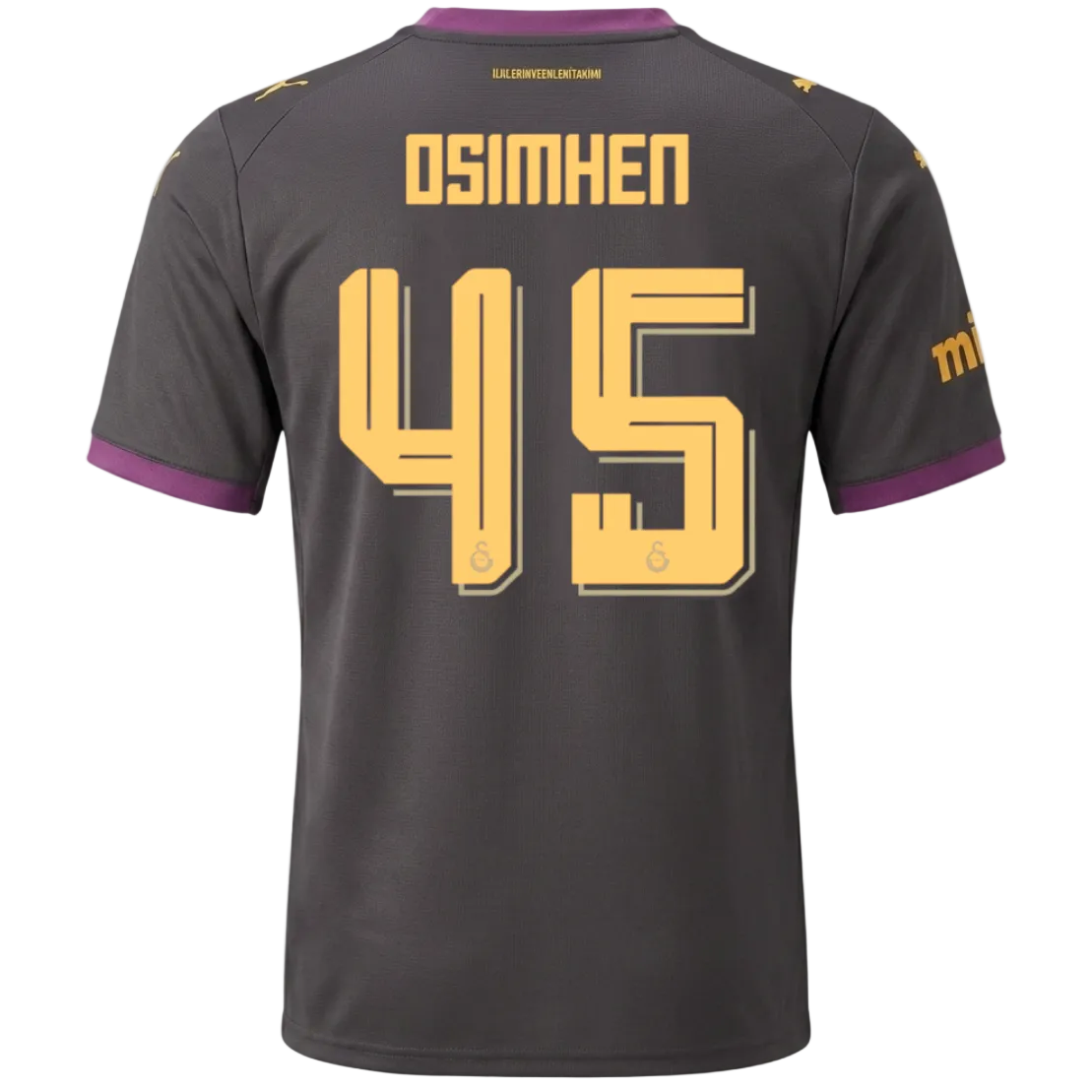 Back view of a dark gray soccer jersey with yellow 'OSIMHEN 45' lettering and purple sleeve trim, shown on a light gray background.