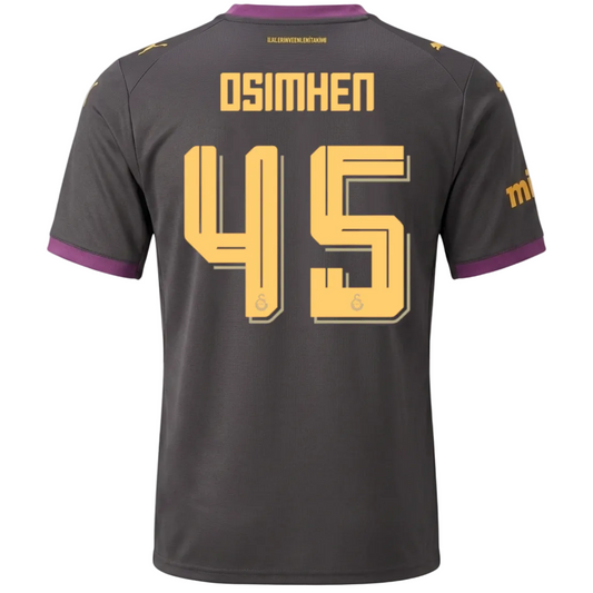 Back view of a dark gray soccer jersey with yellow 'OSIMHEN 45' lettering and purple sleeve trim, shown on a light gray background.